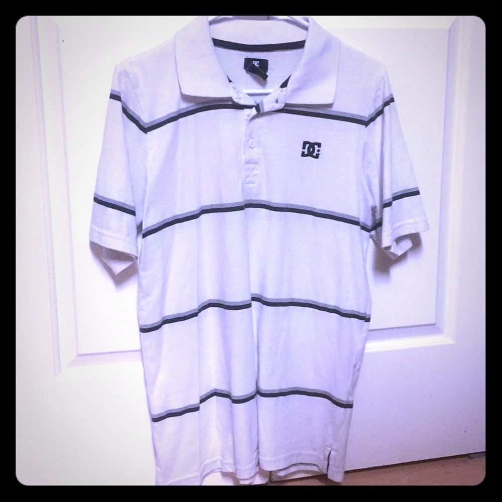 DC white Polo with black and grey stripes